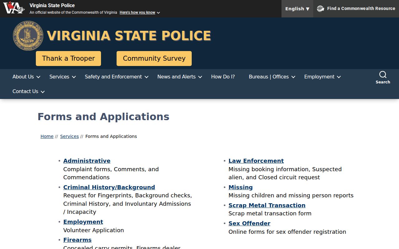 Virginia State Police forms for correcting or reviewing Essex County criminal history