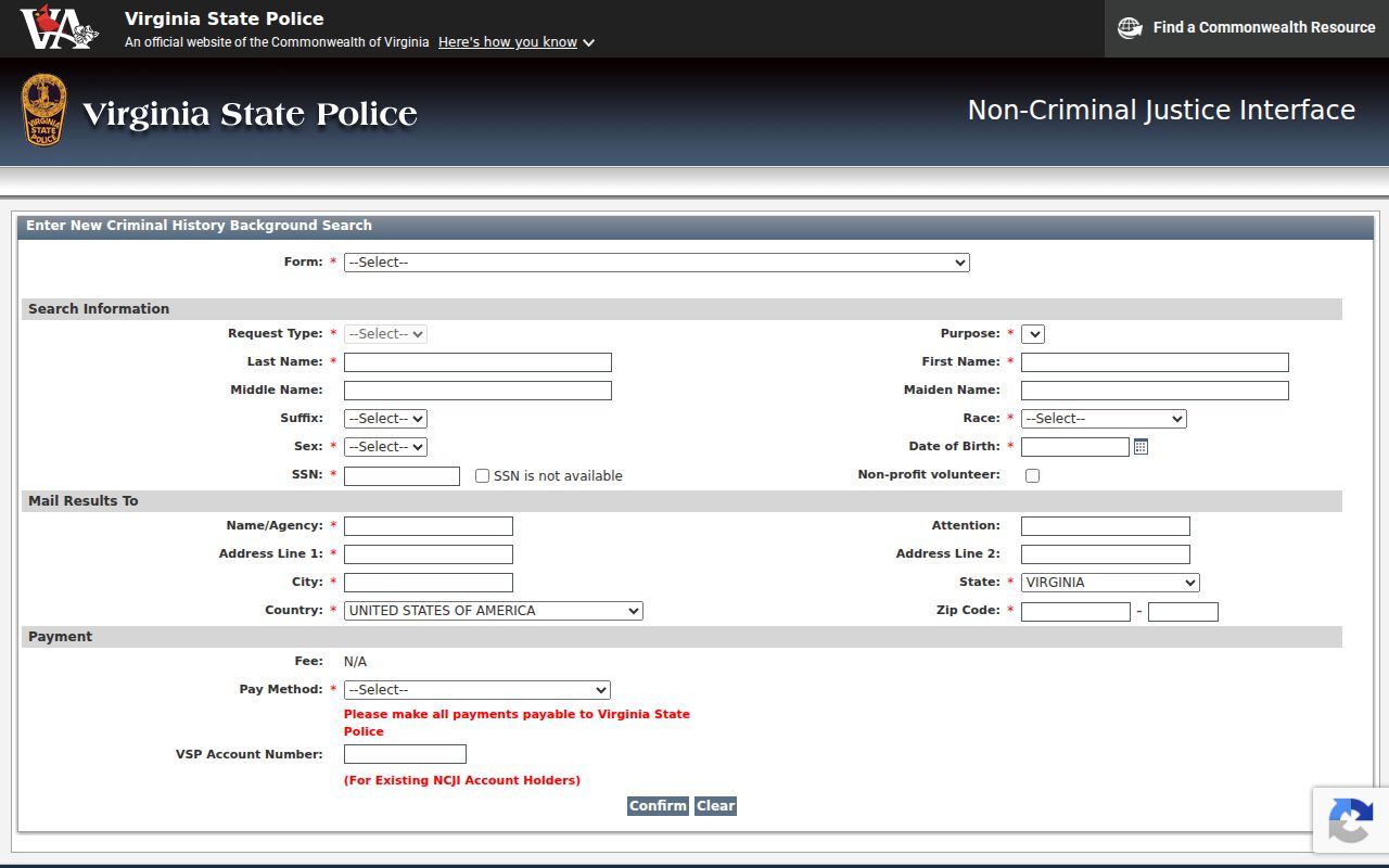 Virginia State Police request fields for an Essex County criminal history check